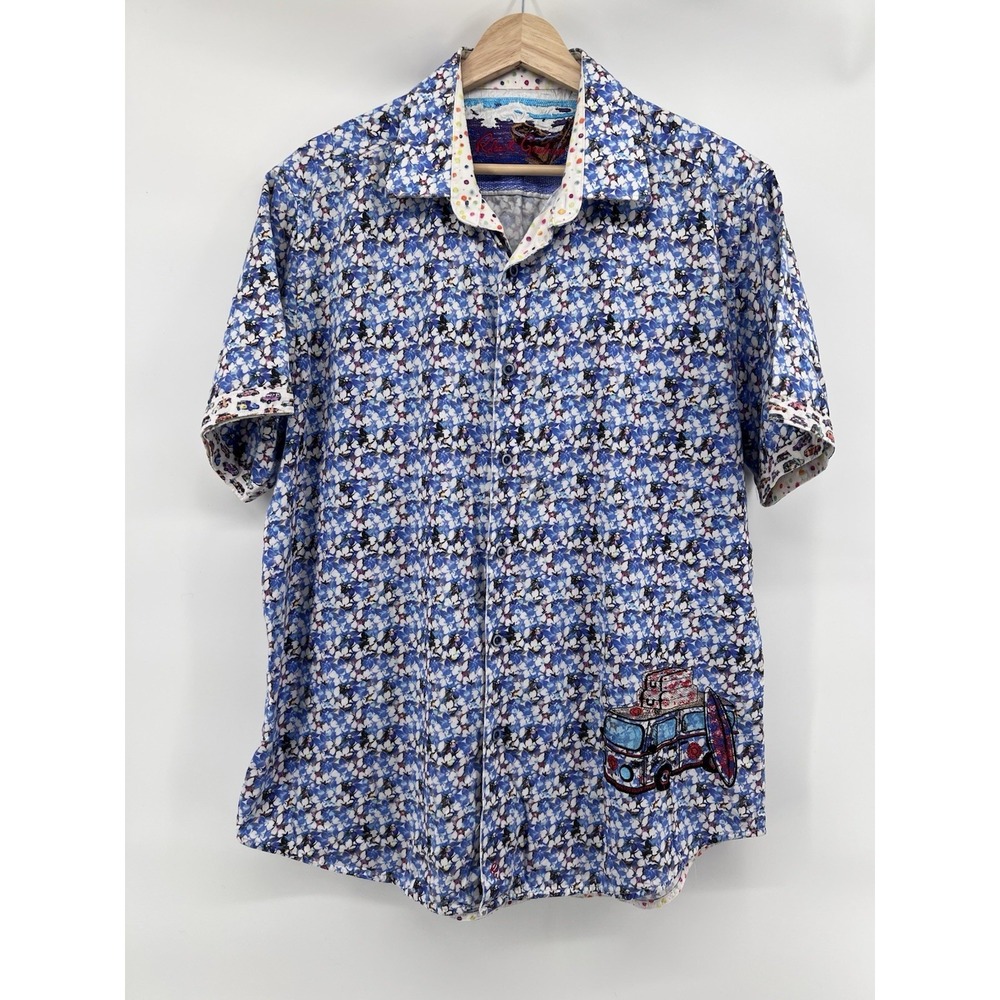 Robert Graham Mens Shirt VW Bus Large Floral Print Blue Car Polka Dot Flip Cuff - Picture 2 of 9